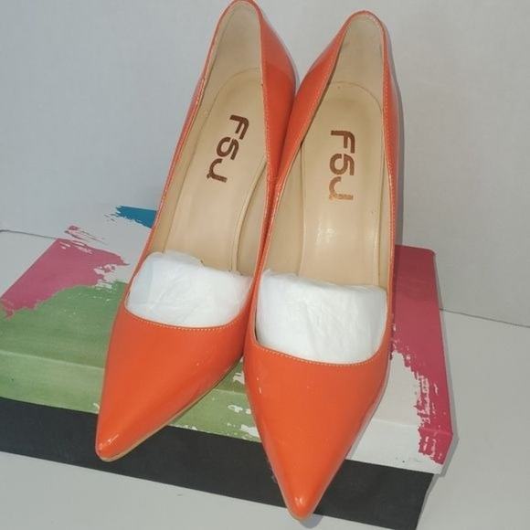 FSJ Orange Patent Leather Pointed Toe Heels Size 9 - Picture 1 of 8
